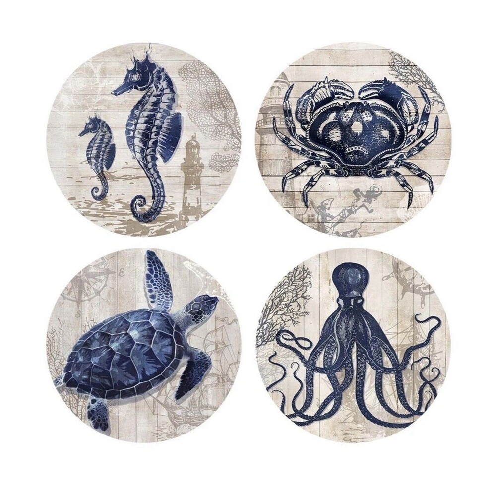 Absorbent Coasters Natural Ceramic Thirsty Stone Navy Blue Octopus Seahorse Crab